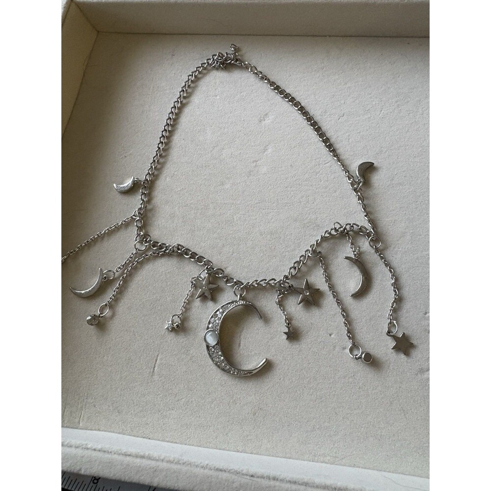 Women’s Silver Tone Necklace Crystal Boho Jewelry Celestial Moons, Stars 20” Adj
